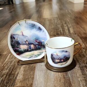 Vintage Thomas Kincaid "MOONLIGHT COTTAGE" Saucer And Cup Set With Display Stand